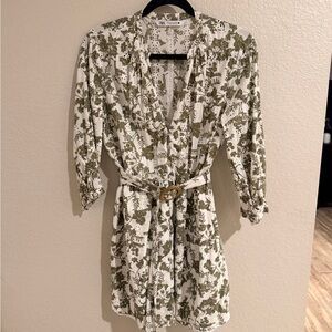Zara Green and White Floral Button Mini Dress M with belt